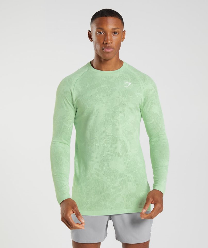 Men\'s Gymshark Geo Seamless Long Sleeve T-Shirts Light Green | CA 056N18